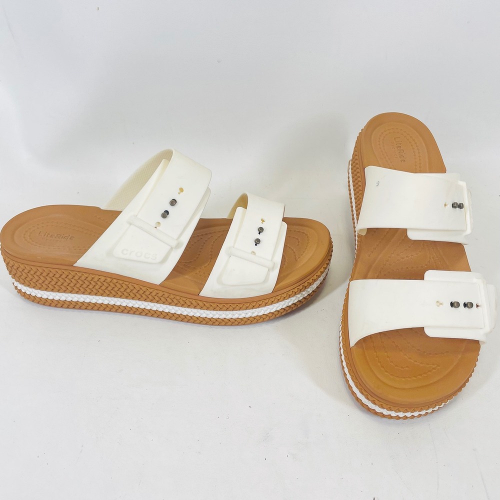 Crocs LiteRide 360 Platform Sandals Womens 10 White Tan Two Strap Slides 209978